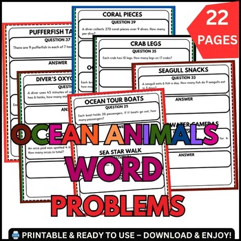 Ocean Animals Math Word Problems Worksheets, 4th 5th 6th 7th Grade