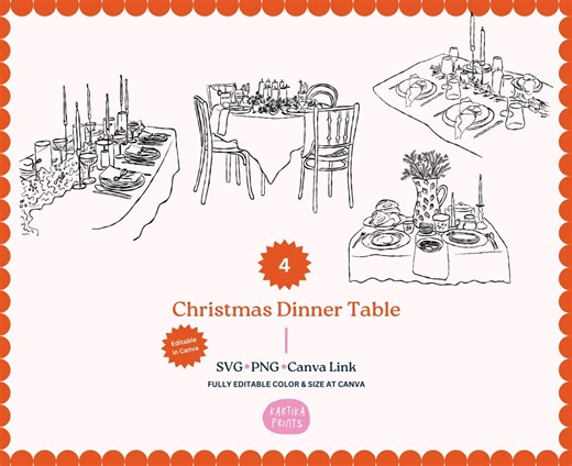 Hand-drawn Dinner Table Illustration Bundle: Christmas Clipart (SVG, PNG, PDF Canva) - Etsy