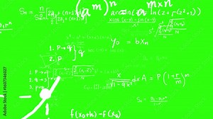 Math formula text flying on green background, math formula flying from far away to near camera, express thinking a lot