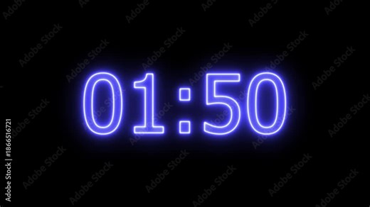 Neon 2-minute timer countdown animation, countdown timer one minute animation from 120s to 0s countdown Two-minute countdown timer animation on transparent background