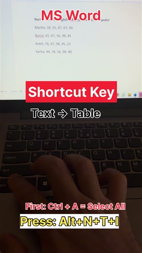 Convert text into Table, Use this Shortcut key #shortcutkey #msword #fyp #trending #computer