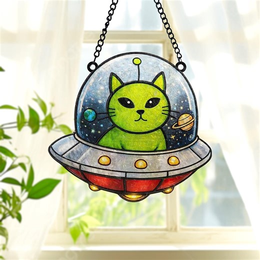 Alien Cat Acrylic Suncatcher, Funny Space Window Hanging, Cat Alien Faux Stained Glass Ornament, Cosmic UFO Sun Catcher Decor. - Etsy