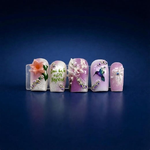 3D Lily Press on Nails | Hummingbird Nail Set With Rhinestones - Etsy