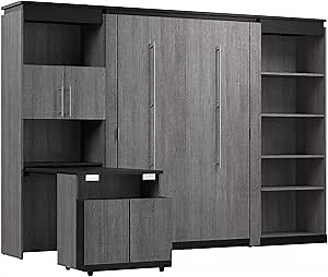 Bestar Orion Full Murphy Bed with Shelves and Storage Cabinet with Fold-Out Desk (120W) in Bark Grey and Graphite, Sleeping Arrangement with Work Surface