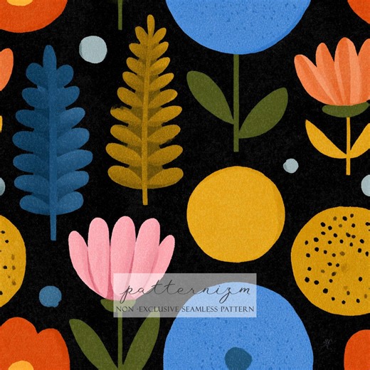 Bold Folk Floral Seamless Pattern – Colorful Retro Flowers on Black, Modern Digital Paper for Crafts & Fabric - Etsy