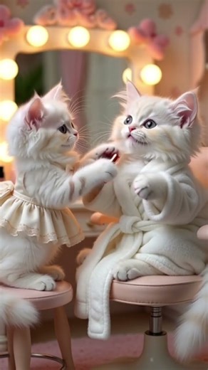 White Kittens Makeup Video in Vanity Room – Cute Cat Applying Lipstick Scene”