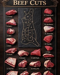 🔥 Ultimate Guide to Beef Cuts – Know Your Meat Like a Pro! 🔥 Ever wondered why that ribeye melts in your mouth while brisket is perfect for slow-cooking BBQ? This detailed beef cuts chart breaks it all down – from tender filet (3) to juicy prime rib (8), flavorful chuck (5), rich brisket (7), and more! Whether you're grilling steaks, making biryani, or planning the perfect roast, understanding these cuts helps you choose the best piece every time and save money at the butcher shop. Which cut i