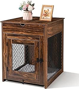 Dog Crate Furniture End Table, Wooden Furniture-Style Dog Crates Indoor Kennel Side Table Nightstand with Storage Drawer & Cushion & Tray for Small Dogs Indoor Use
