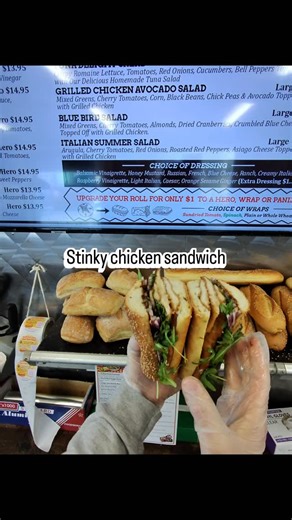 Benateris gourmet Italian Deli & Catering on Instagram: "This combo is RIDICULOUSLY good 🤯🔥 Meet The Stinky Chicken Sandwich 🐔 Crispy chicken cutlets + melted blue cheese crumbles 🧀 Sweet fig jam 🍯 Red onions 🧅 Peppery arugula 🌿 Finished with a balsamic glaze drizzle 😮‍💨 Sweet, savory, funky, crispy — it hits every note. Calling all blue cheese fans… this one’s a MUST-try 💙 #StinkyChicken #BlueCheeseLovers #FoodieFinds #SandwichGoals #MustTry FlavorBomb"