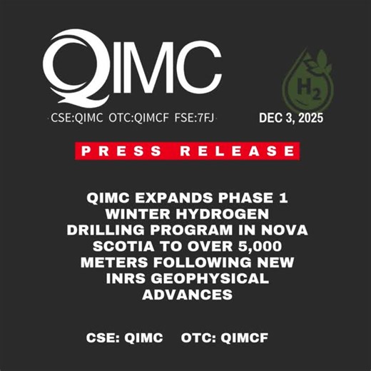 QIMC Expands Phase 1 Winter Hydrogen Drilling Program in Nova Scotia to Over 5,000 Metres Following New INRS Geophysical AdvancesMontreal, Quebec--(Newsfile Corp. - December 3, 2025) - Québec… | Quebec Innovative Materials Corp. (QIMC:CSE)