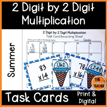 Summer 2 Digit by 2 Digit Multiplication Task Cards for 4th and 5th Grade Math