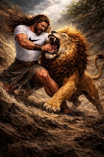Samson Fights a Lion in Nike Apparel