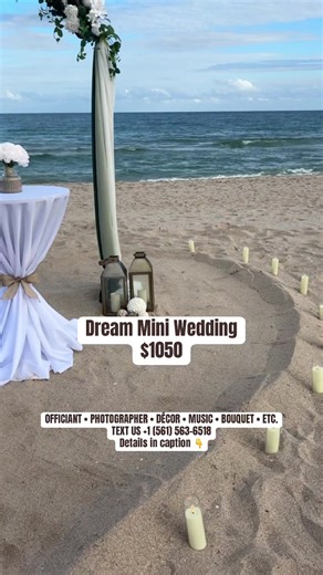 This isn’t just a wedding — it’s a beautiful experience 🤍 Our affordable Miami beach wedding package keeps things simple, elegant, and stress-free. Package includes: • Officiant • Photographer (40 edited photos) • Ceremony décor & setup • Decorative table • Bridal bouquet & boutonnière • Ceremony music • Decorative certificate • Marriage license filing • Arch available as add-on ($200) • Chairs not included 📍 Available locations from Miami to West Palm Beach 🌐 Website with full package detail
