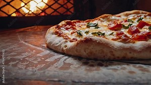 Fresh baked pizza closeup, traditional wood fired oven background.
