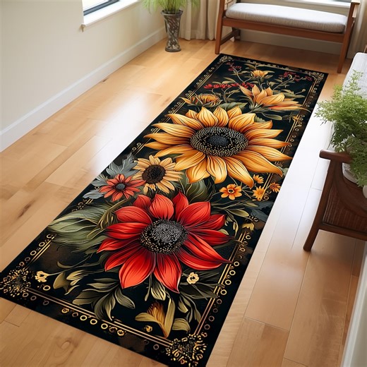 Colorful Sunflower Runner: Rustic Floral Painting Rug - Etsy
