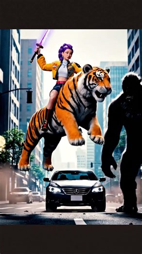 Just Rumi taking the 'big cat' for a walk. 🐈‍⬛🔥"#Rumi #TigerRide #UrbanAdventure #Fantasy #RumiStory