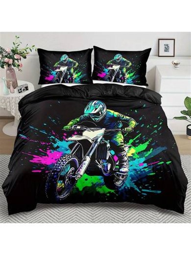 100% Polyester Batik Bettwäsche-Set - Rennwagen Thema Bettwäsche-Set - 100% Polyester Batik Bettwäsche, Cartoon Fahrrad Muster - atmungsaktiv & bequem, geeignet für alle Jahreszeiten - Reißverschluss - digitaler Druck auf weicher Bürstenstoff - beinhaltet 1 Bettbezug und 1/2 Kissenbezug (Bettdecke nicht enthalten) | SHEIN