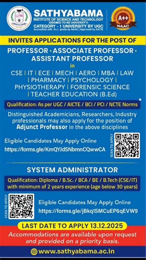 Sathyabama Official on Instagram: "Invites Applications for the post of Professors,Associate Professor , Assistant Professor and System Administrator position. #sathyabama #sist #sathyabamauniversity #sathyabamainstituteofscienceandtechnology #deemedtobeuniversity #sathyabamasriperumbudur #sathyabamachennai #facultyrecruitment"