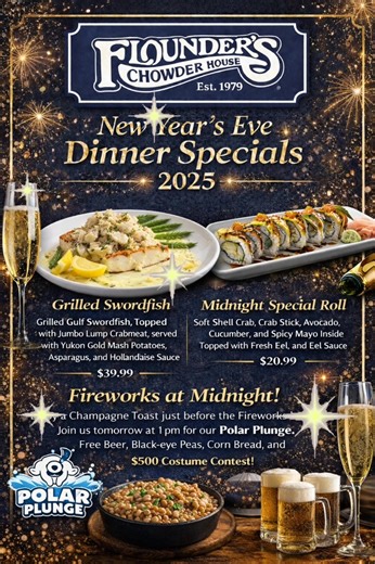4.1K views · 26 reactions | Come celebrate with Flounders Chowder House New years Eve and New Year's Day! We can't wait to plunge into the new year with all of you! | Flounders Chowder House | Facebook