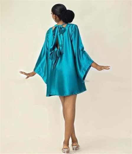 Elegant Teal Satin Mini Dress with Open Back Design