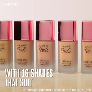 254K views · 1.2K reactions | A shade for every Indian skin tone! ️ Presenting the Lakmé 9to5 Primer + Matte Perfect Cover Foundation. 殺 With a built - in primer and SPF 20, it gives you a natural, flawless finish that lasts long and gives you a fresh faced look all day.  It is available in 16 shades that suit 100% Indian skin tones! ❤️朗✨ Head to lakmeindia.com and find your perfect foundation shade.  | I Love Lakme | Facebook