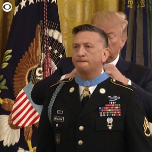 MEDAL OF HONOR: President Trump presented Staff Sergeant David G. Bellavia the Medal of Honor on Tuesday. Bellavia is the first living Iraq War veteran to receive the honor. Bellavia was recognized for his actions on November 10, 2004 during the second battle of Fallujah. Bellavia's platoon was clearing a block of buildings when armed insurgents attacked. Bellavia took action, killing and wounding insurgents and single-handedly saved his entire squad, according to the Army. | CBS Newspath