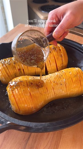hasselback butternut squash - recipe now at PlantYou dot com…. Just in time for thanksgiving! #recipe #squash #healthyrecipe #thanksgivingrecipe #holidayrecipe #sidedish | PlantYou