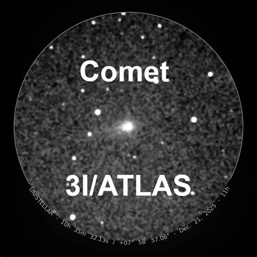 Interstellar comet 3I/ATLAS made its closest flyby to Earth (168 million miles) on December 19th. One of our members managed to capture some images of it on the morning of December 21st. As this is only the third interstallar object identified (thus "3I"), it has been of great interest to astonomers. It is now speeding on its way out of our solar system - never to return! | Racine Astronomical Society