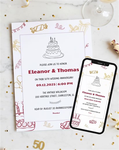 50th Anniversary Invitation Template, Golden Wedding Anniversary Party Invite Editable in Canva - Etsy