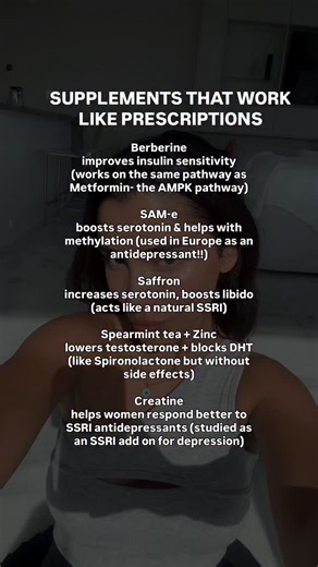 See below for doses that actually work 👇 (These are the amounts used in studies) 💕 Berberine: 500 mg, 2-3x/day (with meals) Activates AMPK, your cell’s energy regulator → improves insulin sensitivity lowers blood sugar (same mechanism as Metformin) 💕 SAM-e: 400-1600 mg/day (on empty stomach) Main methyl donor in the body → supports neurotransmitter production (especially serotonin dopamine) and boosts mood 💕 Saffron extract: 28-30 mg/day (standardized) Inhibits serotonin reuptake → increases
