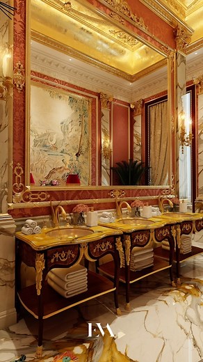 ‎سيماء المنصوري | EVA‎ on Instagram‎: "Reviving a tradition from the classical era by incorporating historical paintings opposite to the washbasins, a practice once popular in palaces and aristocratic homes to add an element of luxury and culture. The connected basins and ornate mirrors adorned with gold reflect the classical style, while the intricate and gilded marble flooring highlights the superior craftsmanship. The use of these gilded details not only enhances aesthetic beauty but also cre