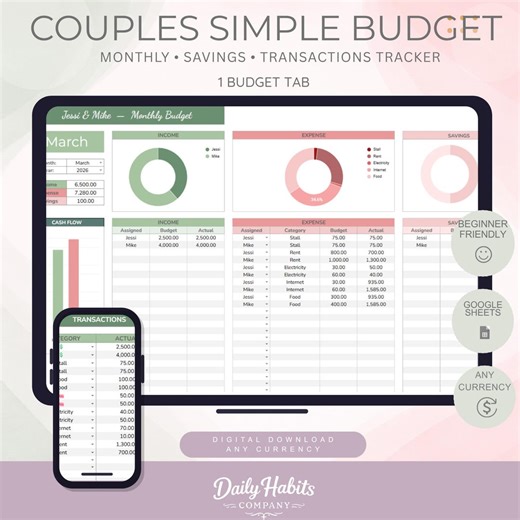 Simple Couples Budget Planner Google Sheets Spreadsheet Monthly Tracker Couples Expense Tracking Bill Tracker Income and Savings Tracker - Etsy