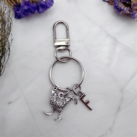 Personalized Chicken Keychain With Initial Charm, Silver Hen Key Ring, Farm Lover Gift - Etsy