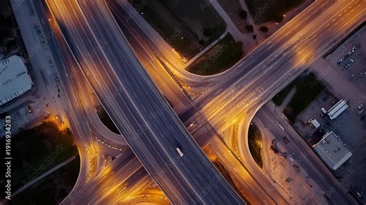 Modern city infrastructure featuring a complex highway interchange with multiple lanes and cloverleaf ramps, illuminated by bright streetlights at dusk, highlighting urban connectivity and transport