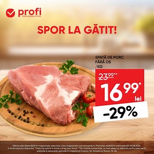 Pregătește mese delicioase cu spată de porc fără os, acum la un preț special! Vino la Profi și bucură-te de ofertă! 🛒 | Profi