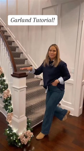 Staircase greenery tutorial! And the garland is over 20 years old too! Using it at the bottom of the stair is genius... thanks, Mom in heaven! Save for next year and i promise to repost again next year! Like and comment TWINS for the links to some great garland and bows! #holidaydecor #holidaydecorating #homedecor #garland | T&T TwinTalk
