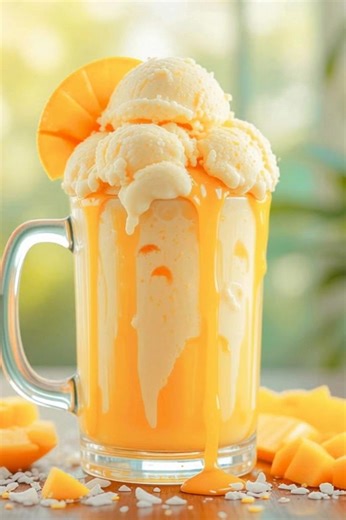 Summer Mango Coconut Float Milkshake "As the sun sets and the warm breeze dances through my kitchen, this Summer Mango Coconut Float Milkshake takes me back to lazy beach days — it's like a tropical vacation in a glass!" This refreshing treat combines the sweetness of ripe mango and the creaminess of coconut, making it the perfect way to cool off on a hot day. Ingredients 2 ripe mangos, peeled and diced 1 cup coconut milk 1 cup vanilla ice cream ½ cup sparkling water Reacipe in First Coʍmеոτ | L