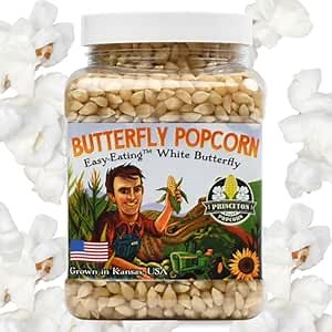 Princeton Popcorn White Butterfly Hulless Popcorn Kernels - Easy-Eating, Baby Small Tender Popping Corn, Non-GMO Popcorn Kernels, No Hulls, No Roundup, Direct from Farmer, Microwave Air Popper or Stovetop 16oz Jar