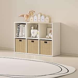 Wood Cube Storage Organizer Closet Cabinet for Living Room Bedroom Study Shelf Bookcase Wooden Floor Standing Open Bookshelf for Kids Home Office Display Storage Cabinet (White, 6-Cube, 11.81in)