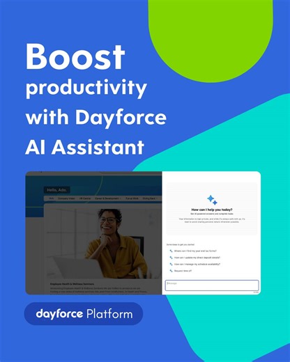 Dayforce on Instagram: "AI tools are everywhere, but few truly elevate how people work. Dayforce AI Assistant helps automates repetitive tasks and surface insights across pay, time, HR, benefits, and more – all within our single, AI-powered people platform. From refining job descriptions, checking vacation balances, updating availability, accessing tax forms, to escalating HR requests, employees can benefit from personalized guidance at their fingertips. No switching apps. No conflicting data. J
