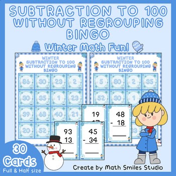 Winter Subtraction to 100 Without Regrouping Bingo (4x4)| Winter Math 2nd Grade