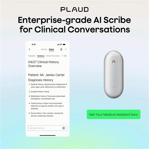 Plaud NotePin – the wearable AI assistant designed for healthcare professionals. 🩺 Effortlessly capture key moments during patient consultations, rounds, or meetings, without disrupting your workflow. Plaud NotePin’s compact design offers seamless AI-powered transcription and summarization, keeping you focused on what matters. 👨‍⚕️📝 🎉 Get yours today with 300 min/month of AI transcription & summarization! 🥳 | Plaud