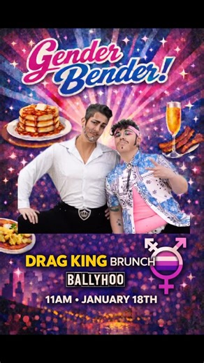 Throbbin Hood on Instagram: "🔥👑 GENDER BENDER DRAG KING BRUNCH 👑🔥 Get ready, Denver! Brunch just got BENT. Join us January 18th at 11:00 a.m. @ballyhoodenver for a Gender Bender Drag King Brunch that serves looks, laughs, and legendary performances alongside your mimosas. 🎤 Hosted by: @sirthrobbinhood & @sirthrobbinhood ✨ Featuring special guests: @theandrokitty @rainbow.romeo @king.scene Expect bold gender expression, unapologetic swagger, and drag king excellence in an inclusive, high-ene