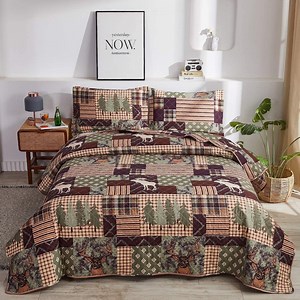 Jessy Home Rustic Lodge Bedding Full Moose Quilt Plaid Patchwork Bear Poly Fill Quilt Bedspread Coverlet