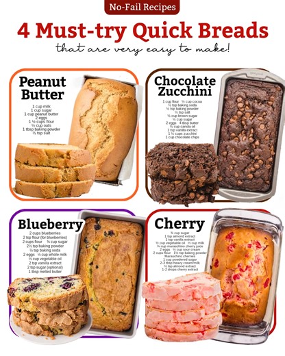 Bake, slice, enjoy 🍞💛 These 4 easy quick breads are comfort food at its finest! Ingredients 🍞 Peanut Butter 1 cup milk 1 cup granulated sugar 1 cup peanut butter 2 eggs, room temperature 1½ cups flour ½ cup old fashioned oats 1 tablespoons baking powder ½ teaspoon salt 🍞Chocolate Zucchini 🍫 1 cup all-purpose flour ½ cup unsweetened cocoa ½ teaspoon baking soda ½ teaspoon baking powder ½ teaspoon salt ½ cup light brown sugar ¼ cup white sugar 2 large eggs, room temperature 4 tablespoons unsa