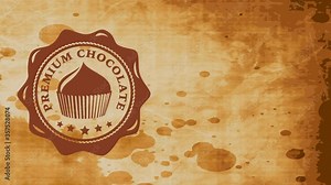 fancy brown cake packet concept with rippled oval symbol built with fluid cacao over stained cardboard background