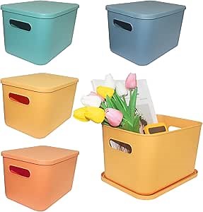 4 Pieces Colorful Plastic Storage Bins with Lid Storage Box with Handle Stackable Containers Plastic Organizer Storage Baskets with Lids for Desktop Drawers Closet Bedroom Office