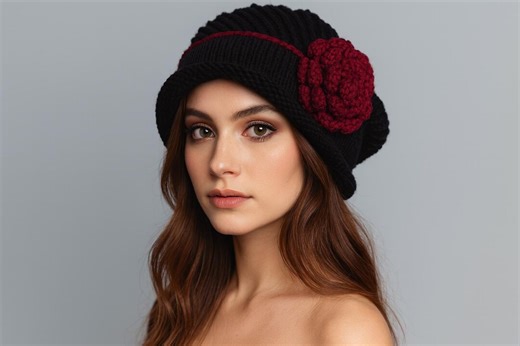 Black Knit Wool Blend Cloche Hat With Red Crochet Flower: Vintage Style Winter Beanie - Etsy