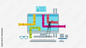 man climbing ladder to enter computer screen with piping system inside