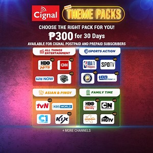 More exciting movies and shows this month! The Super Mario Bros. Movie | Jan 14 • 9PM Blended | Jan 15 • 7PM DC League of Super-pets | Jan 24 • 11:10AM The Walk | Jan 28 • 9:45PM NFL Tailgate Takedown | Premieres Jan 29 • 9:20PM Enjoy your favorite type of content made into 1 plan/load with our NEW Cignal Family Time Theme Pack, for only P300 for 30 days! Available to all Cignal Postpaid and Prepaid subscribers. Visit your nearest Cignal dealer or call #8888-5555 and subscribe to a Cignal Theme 